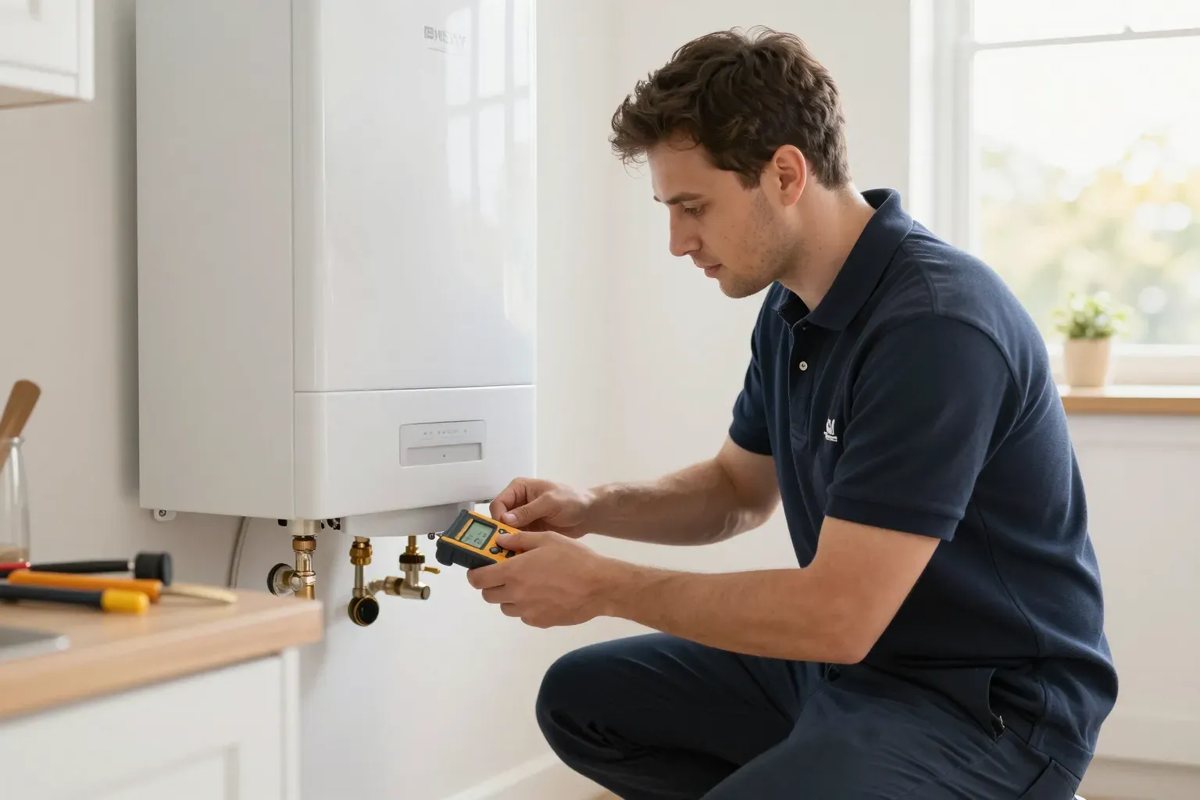 An engineer servicing a boiler