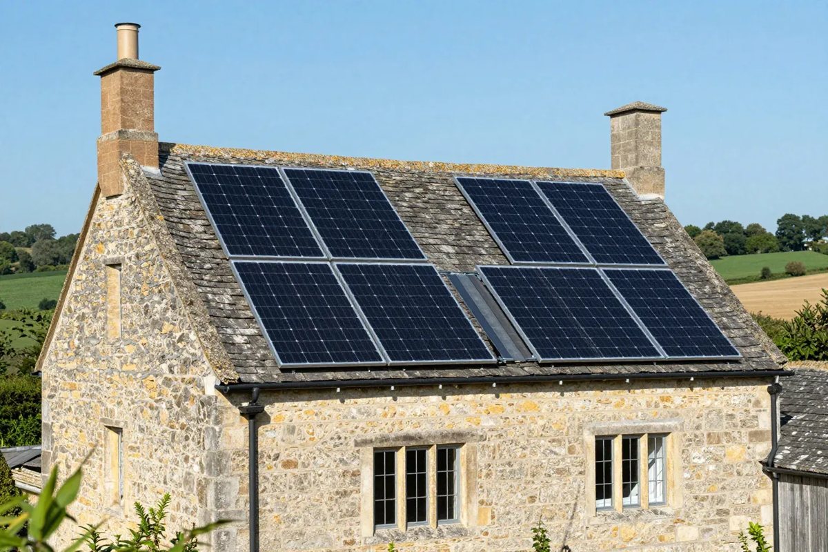 Solar panels on a rural building roof